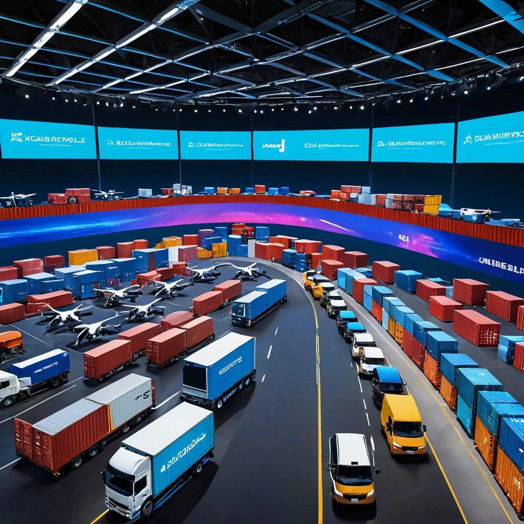 A futuristic shipping hub filled with cutting-edge technology, showcasing autonomous delivery drones and electric trucks harmoniously loading and unloading goods. In the foreground, a digital screen displays real-time load matching data, while shipping containers are neatly organized in the background. Bright, vibrant colors highlight the scene, symbolizing innovation and efficiency, with a clear blue sky above. vector art. vibrant colors. 3D.