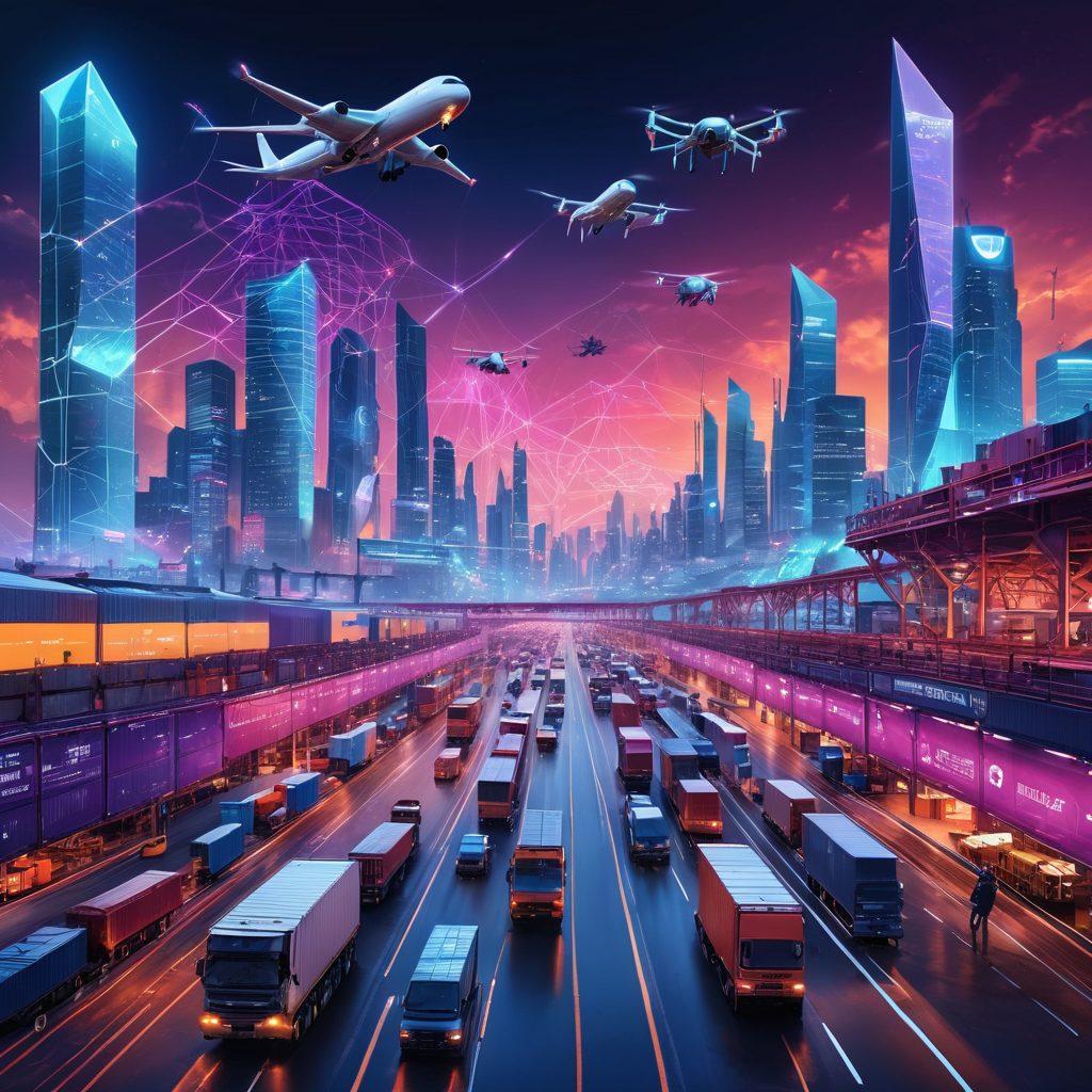 A futuristic city skyline with digital maps overlaying trucks and cargo ships flowing through intricate networks, showcasing drone deliveries and automated warehouses bustling with activity. Bright neon lights reflect advancement in logistics technology, while diverse workers collaborate in a digital interface. The atmosphere exudes innovation and efficiency, symbolizing the transformation of supply chain logistics through freight exchanges. cyberpunk. vibrant colors. super-realistic.